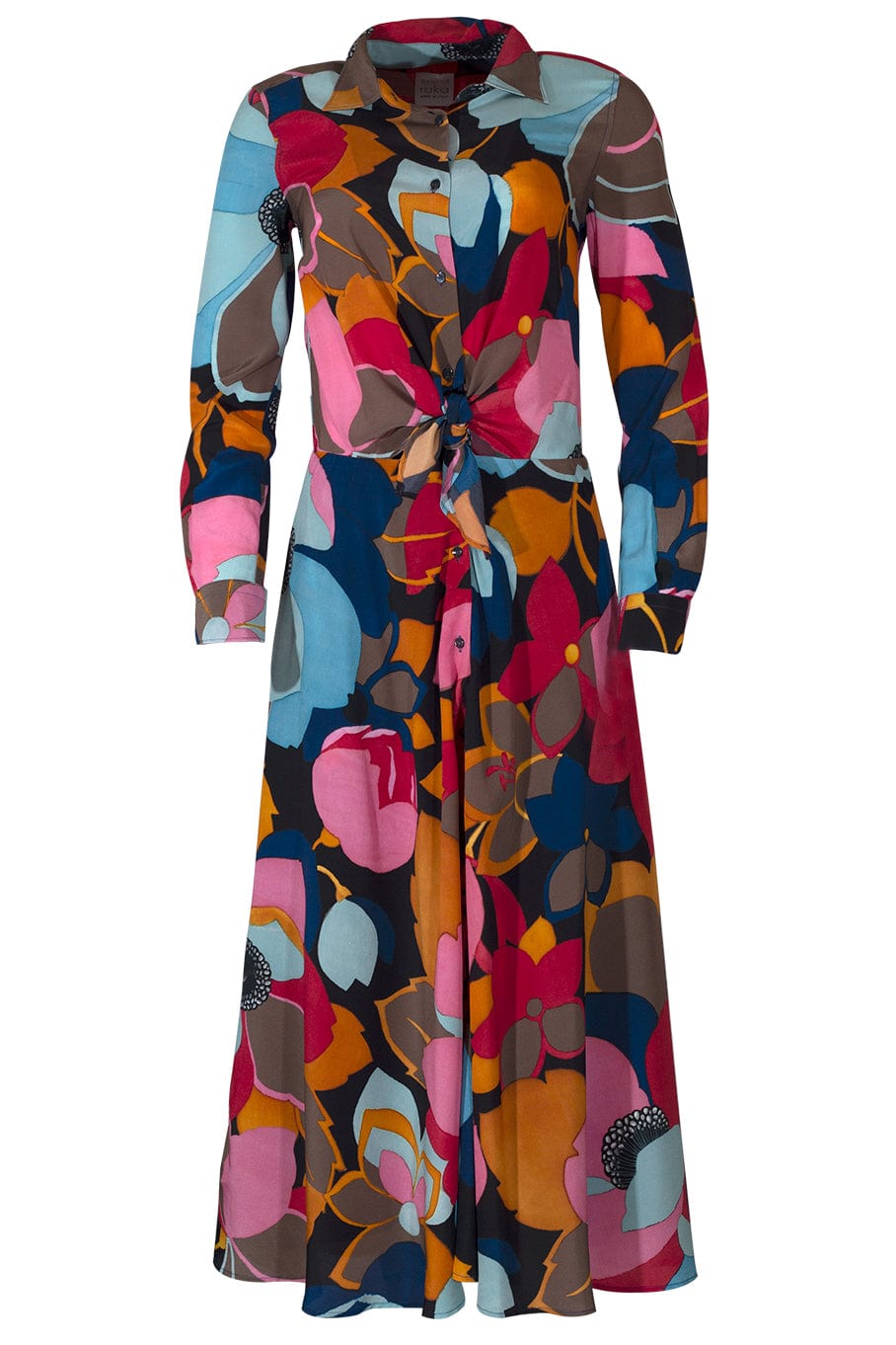 SARA ROKA-Tie Front Midi Shirt Dress-