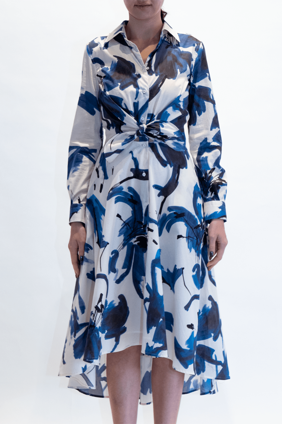 SARA ROKA-Tie Front Hi-Low Shirt Dress-