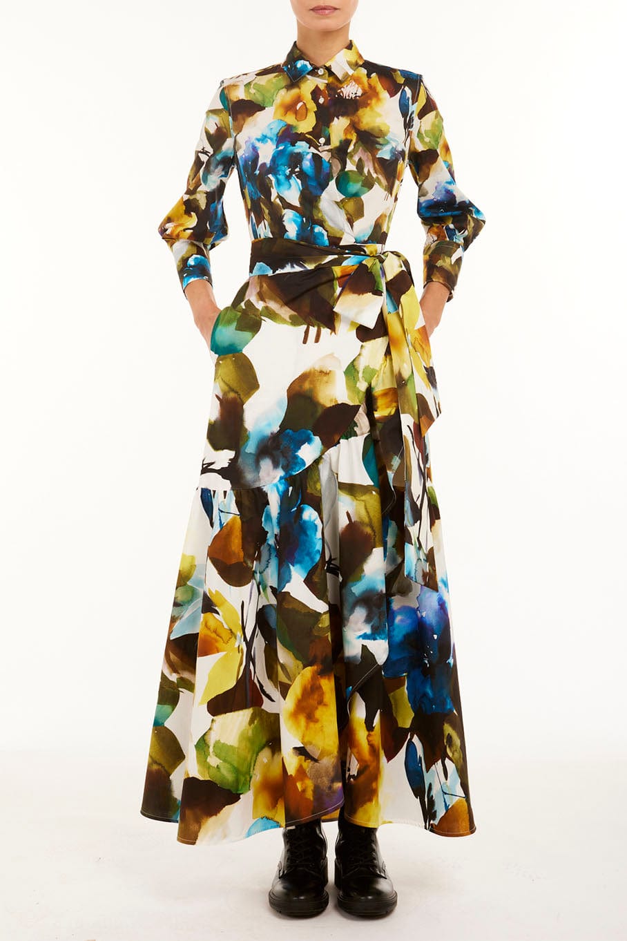 SARA ROKA-Tie Front Maxi Shirt Dress-