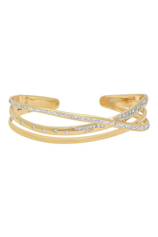 Diamond Crossover Bangle Cuff Bracelet-YELLOW GOLD-6.5-JEWELRYFINE JEWELBRACELET O-SARA WEINSTOCK