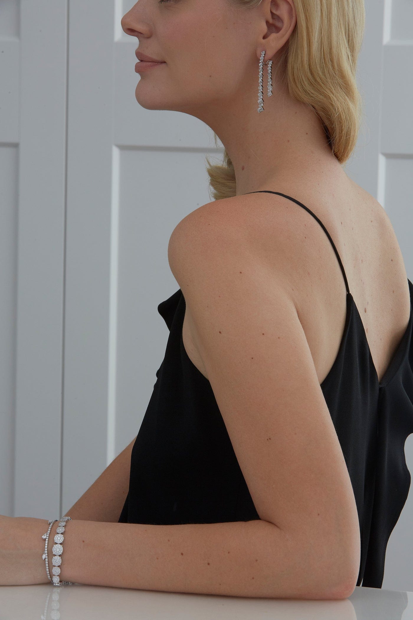 SARA WEINSTOCK-Taj Baguette Braided Diamond Drop Earrings-WHITE GOLD