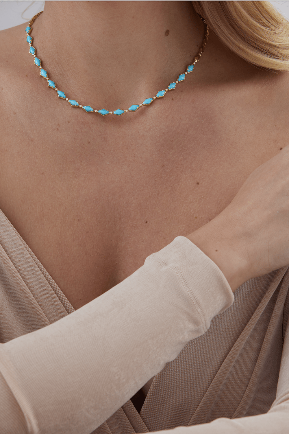 SARA WEINSTOCK-Lucia Elongated Turquoise Choker Necklace-YELLOW GOLD
