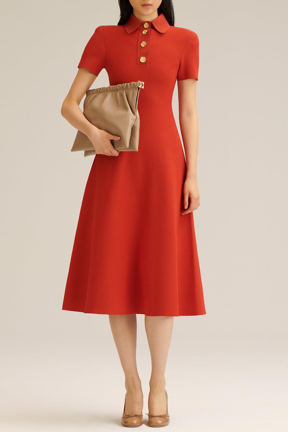 Collared Midi Shirt Dress - Red