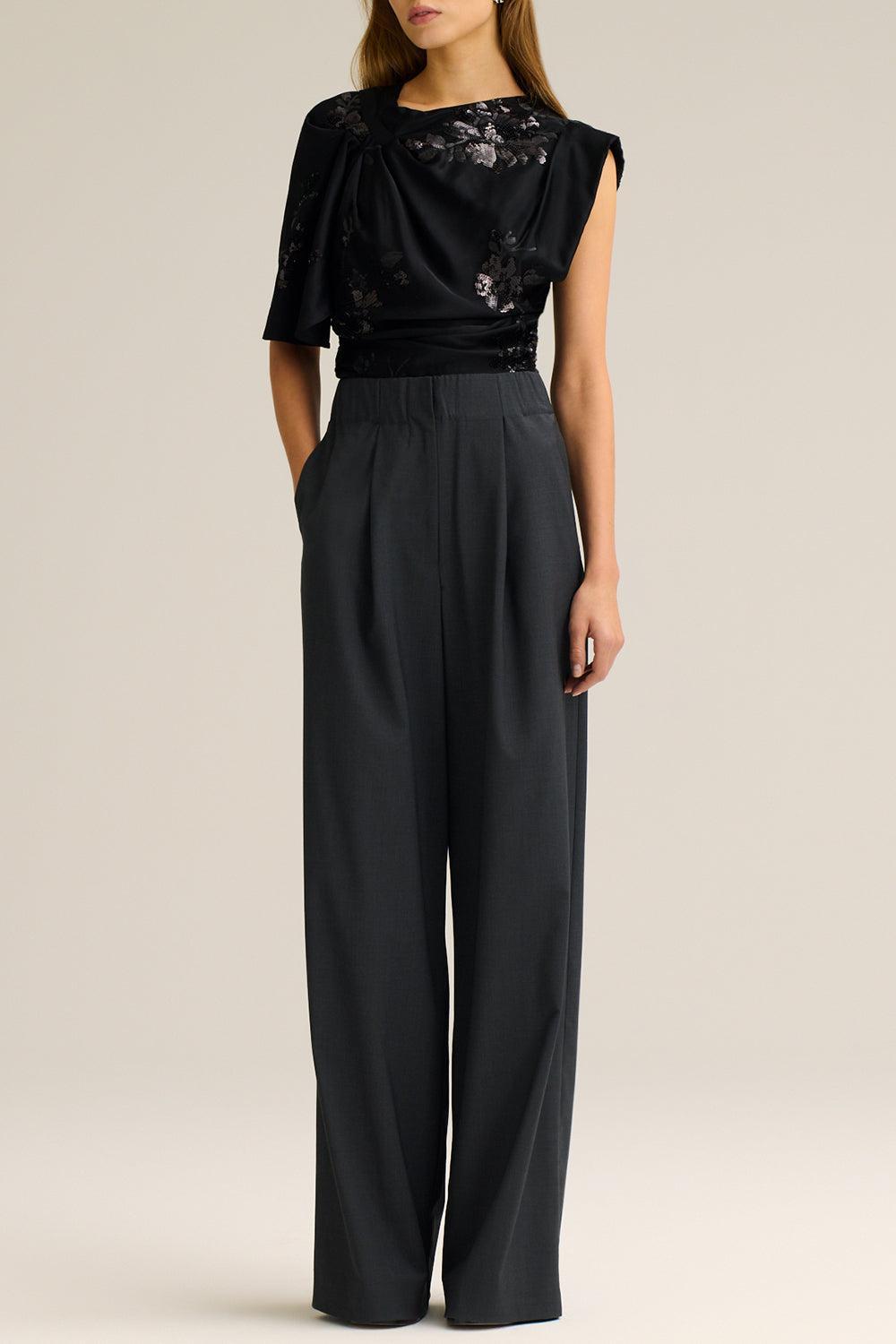 Beaded Draped Satin Top-BLACK-2-CLOTHINGTOPBLOUSE-SCANLAN THEODORE