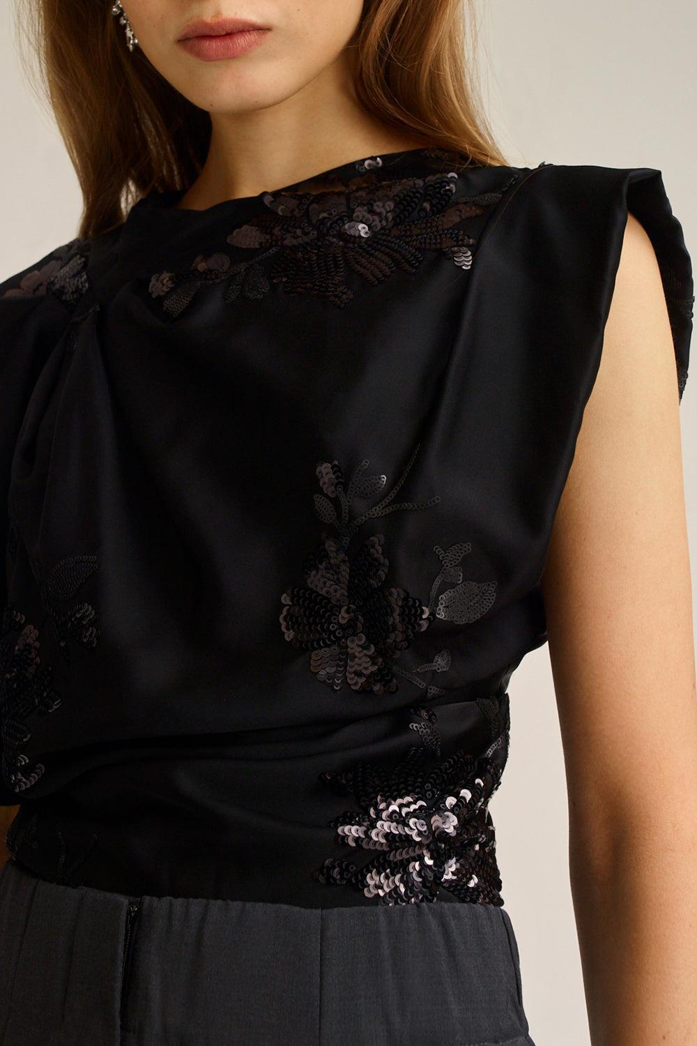 Beaded Draped Satin Top-BLACK-2-CLOTHINGTOPBLOUSE-SCANLAN THEODORE