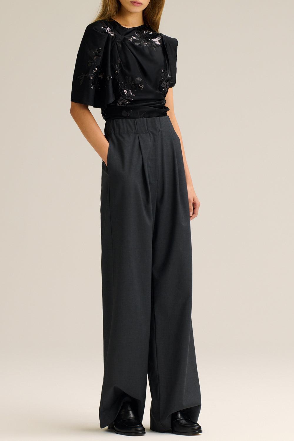 Beaded Draped Satin Top-BLACK-2-CLOTHINGTOPBLOUSE-SCANLAN THEODORE