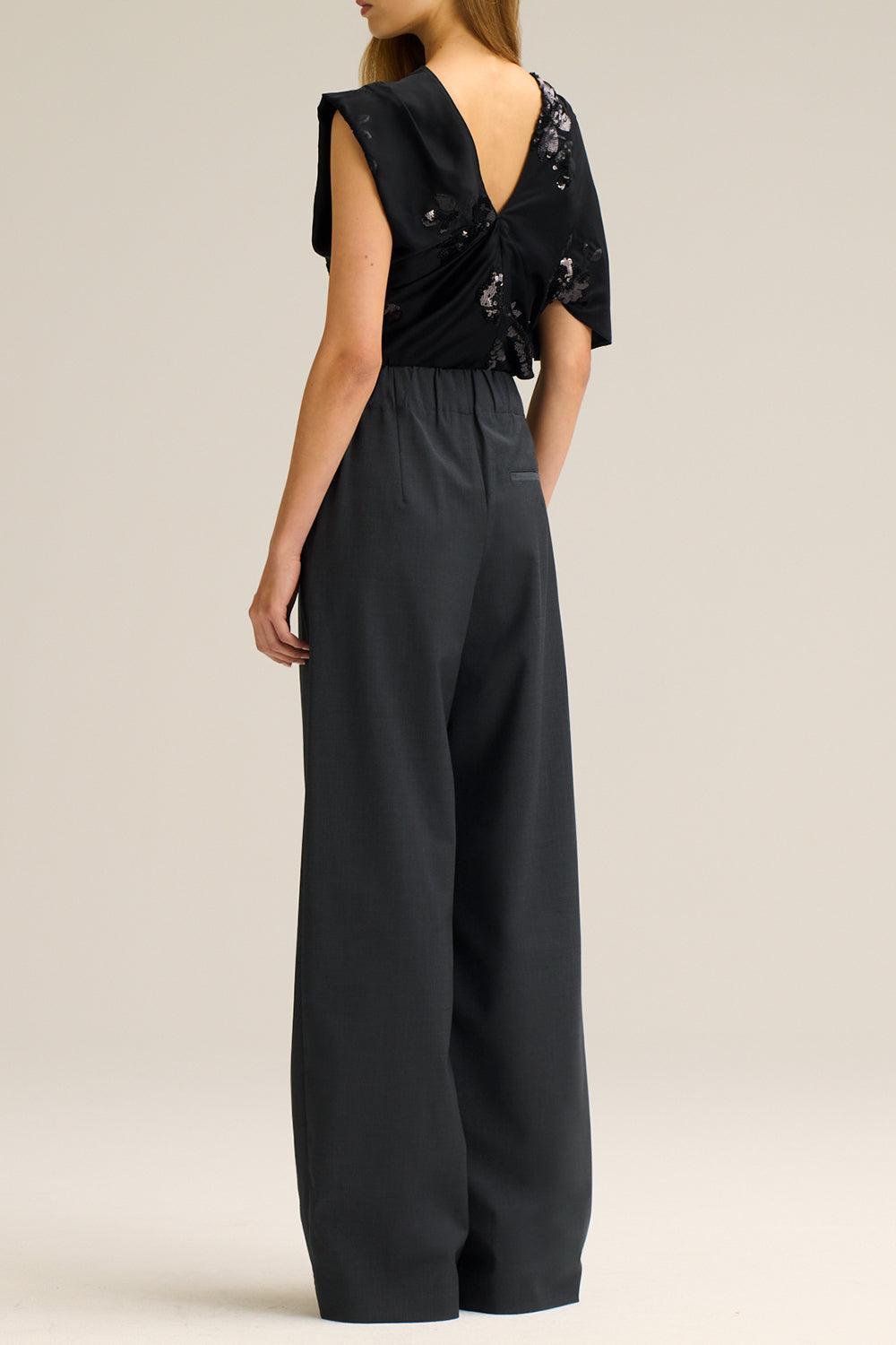 Beaded Draped Satin Top-BLACK-2-CLOTHINGTOPBLOUSE-SCANLAN THEODORE