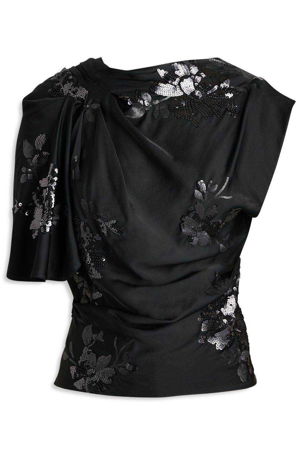 Beaded Draped Satin Top-BLACK-2-CLOTHINGTOPBLOUSE-SCANLAN THEODORE
