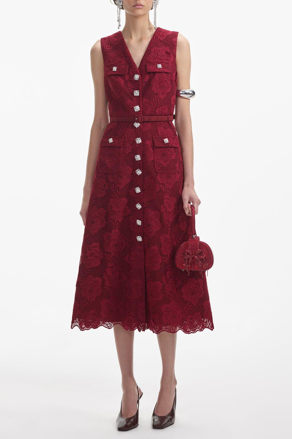 self-portrait-Lace Buttoned Midi Dress-