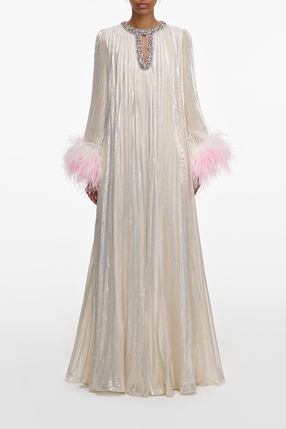 Ombre Feather Maxi Dress-CHAMPAGNE-4-CLOTHINGDRESSGOWN-SELF-PORTRAIT