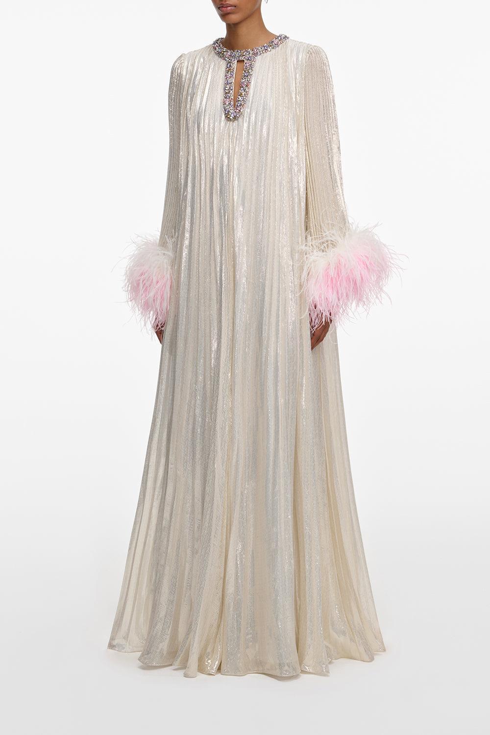 Ombre Feather Maxi Dress-CHAMPAGNE-4-CLOTHINGDRESSGOWN-SELF-PORTRAIT