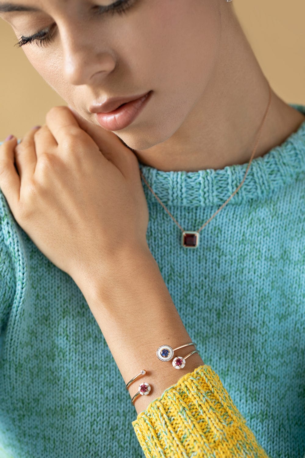 SELIM MOUZANNAR-White Enamel Sapphire Cuff-ROSE GOLD