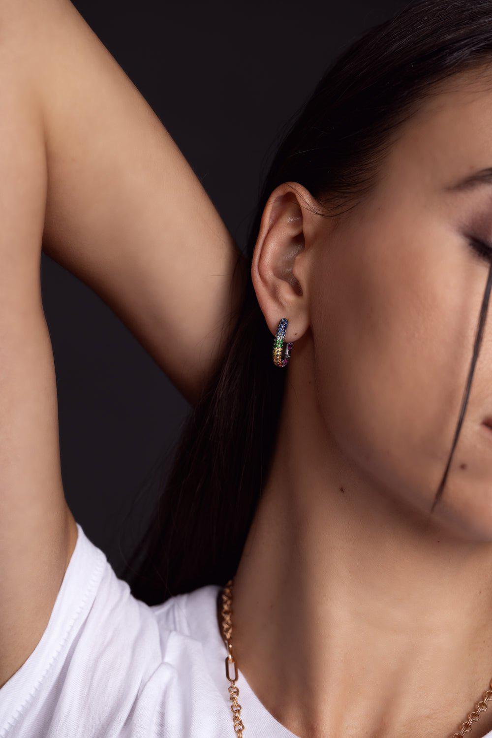 SELIM MOUZANNAR-Single Link Rainbow Pave Earrings-BLACK GOLD