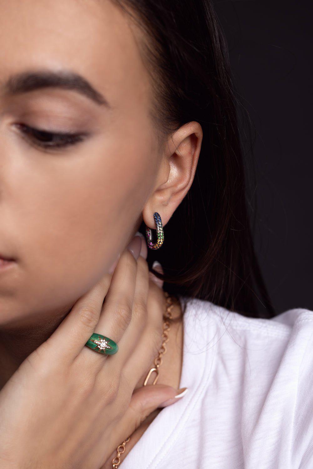 SELIM MOUZANNAR-Single Link Rainbow Pave Earrings-BLACK GOLD