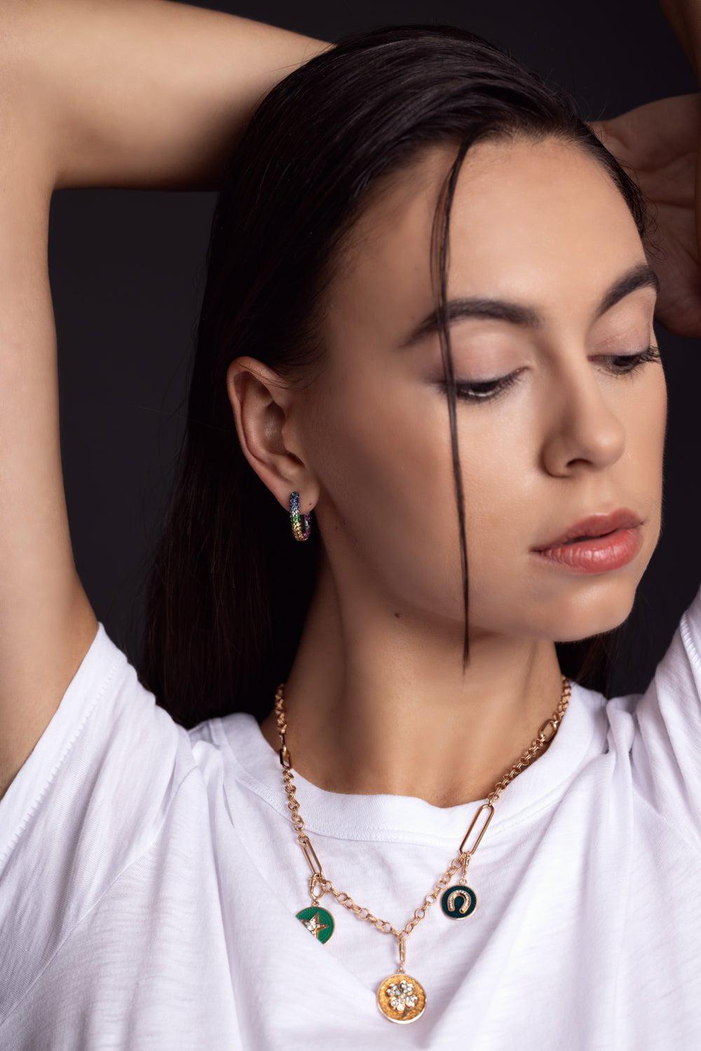 SELIM MOUZANNAR-Single Link Rainbow Pave Earrings-BLACK GOLD