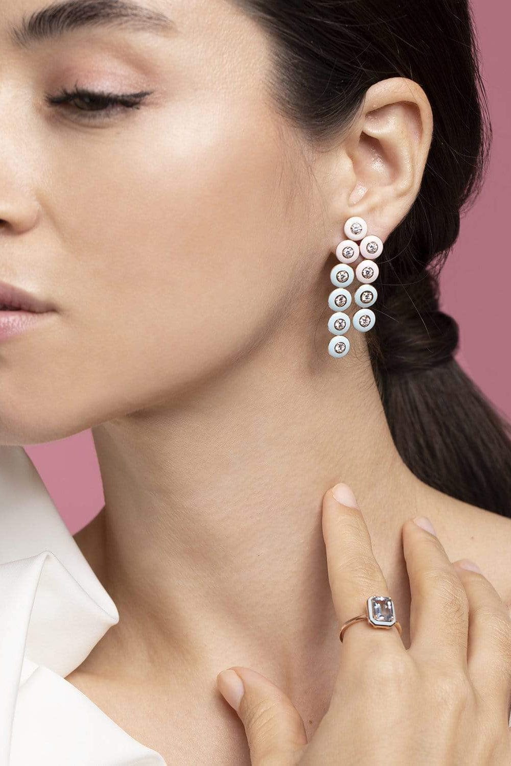 SELIM MOUZANNAR-Light Blue and Pink Enamel Mina Earrings-ROSE GOLD