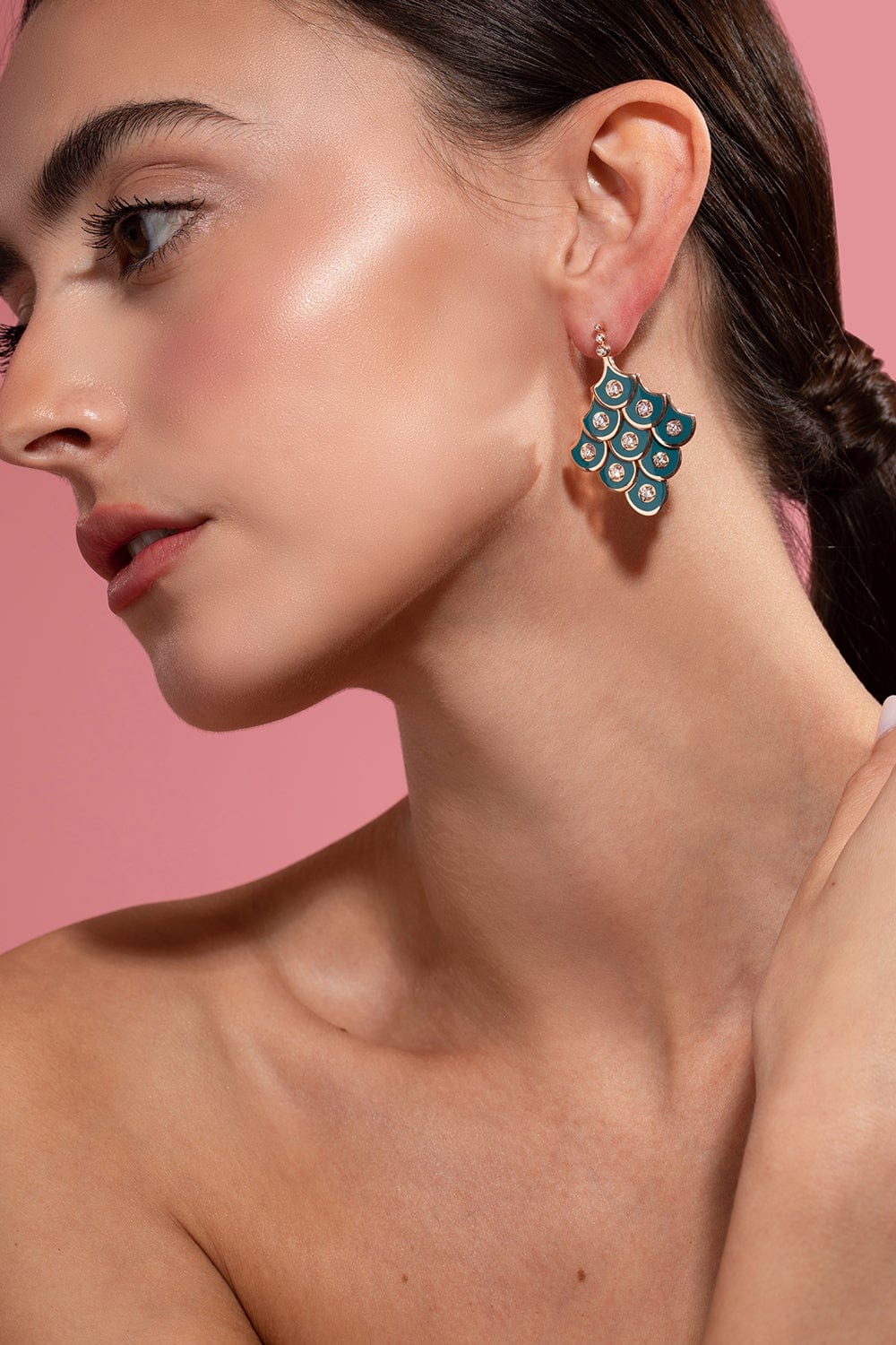 SELIM MOUZANNAR-Petrol Enamel Diamond Fish Earrings-ROSE GOLD