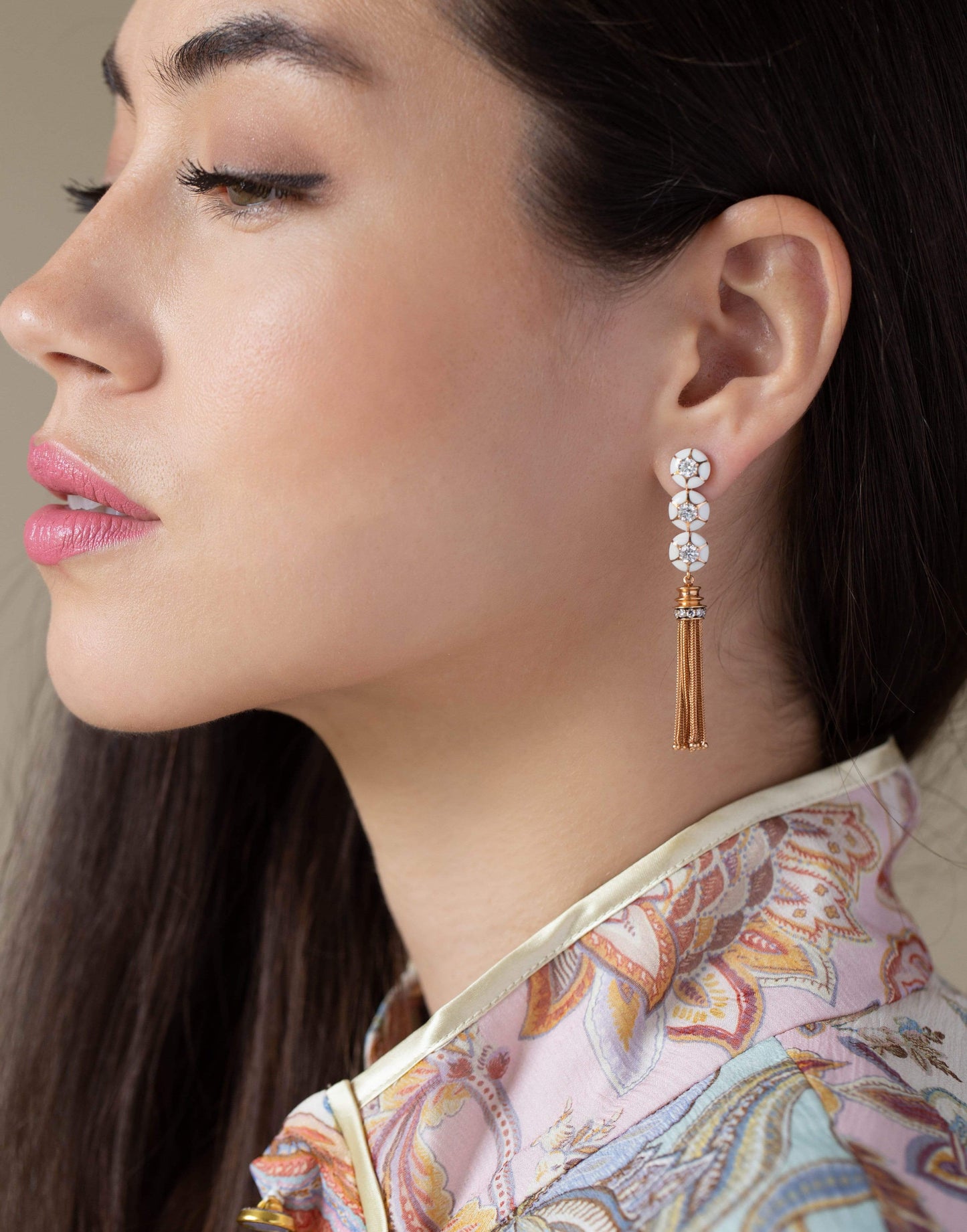 SELIM MOUZANNAR-Three Drop White Enamel and Diamond Chain Earrings-ROSE GOLD