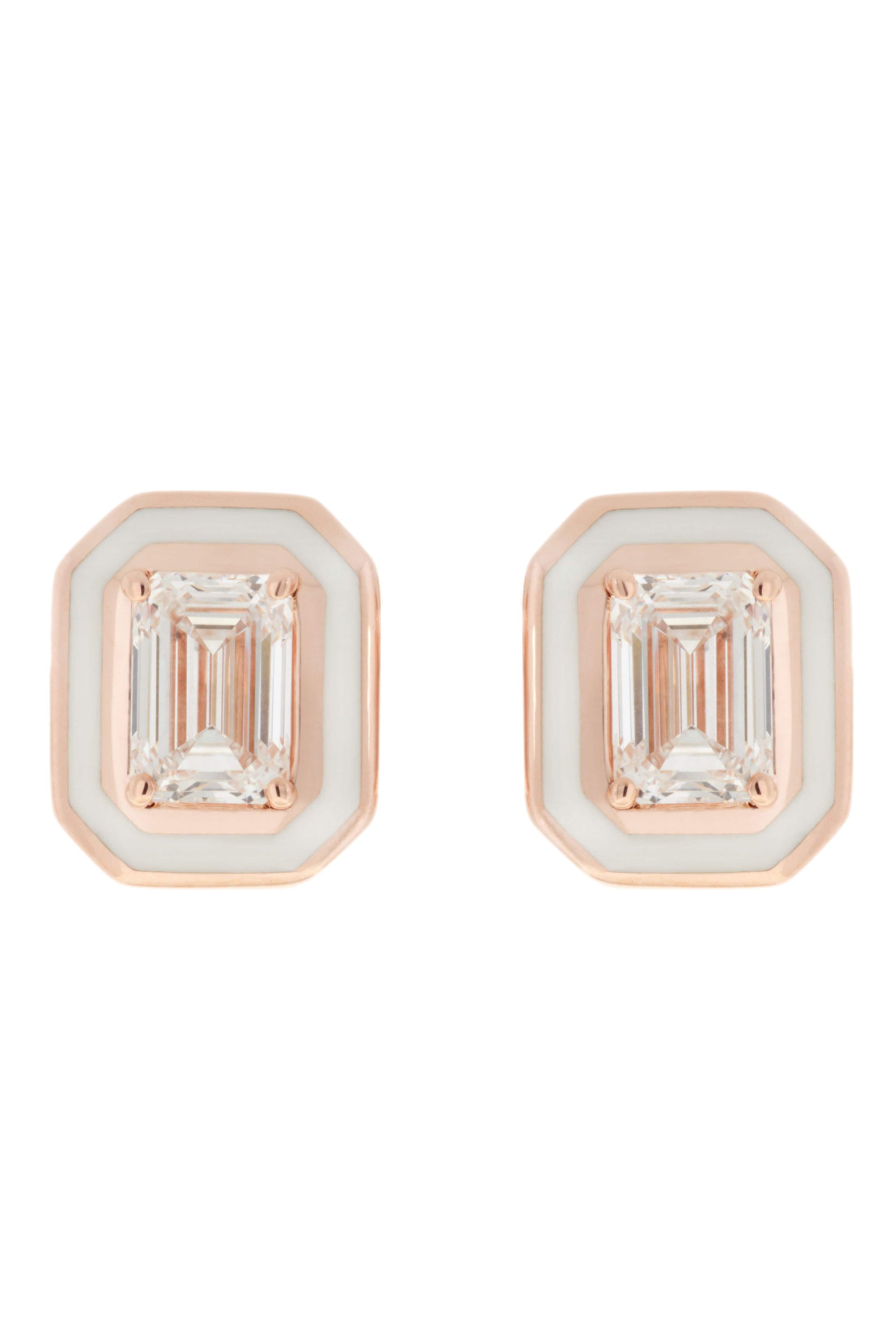 SELIM MOUZANNAR-White Enamel Diamond Studs-ROSE GOLD