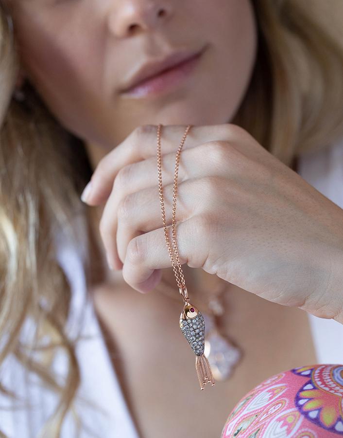 SELIM MOUZANNAR-Diamond Ruby and Lilac Enamel Fish Necklace-ROSE GOLD