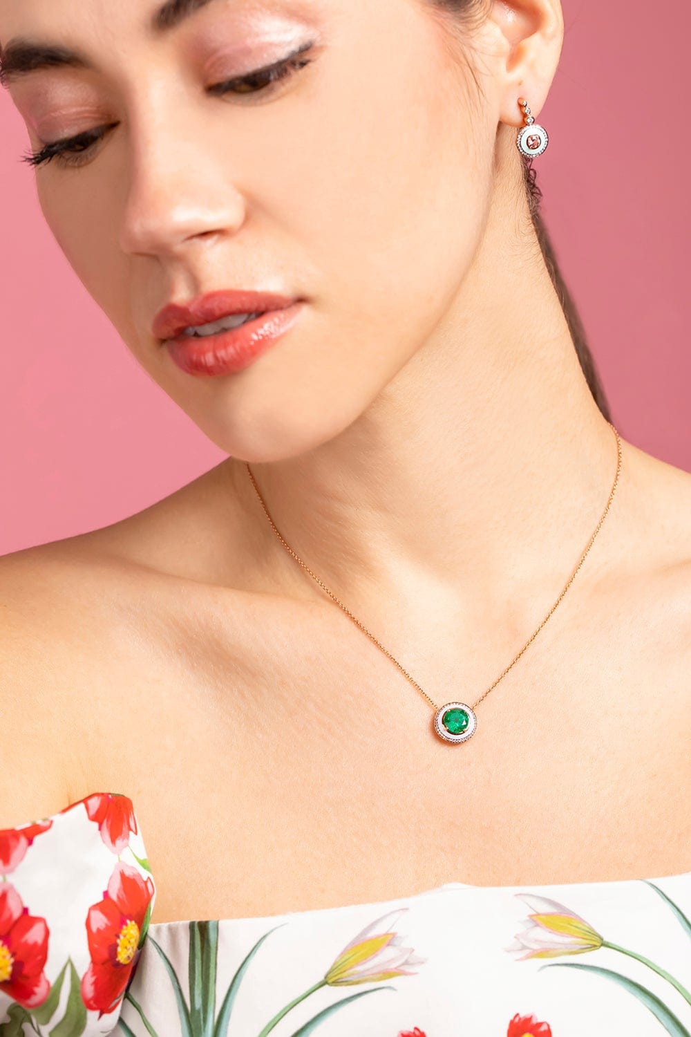 SELIM MOUZANNAR-Emerald and Lilac Enamel Pendant Necklace-ROSE GOLD
