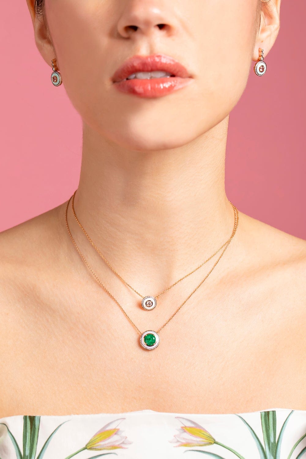 SELIM MOUZANNAR-Emerald and Lilac Enamel Pendant Necklace-ROSE GOLD