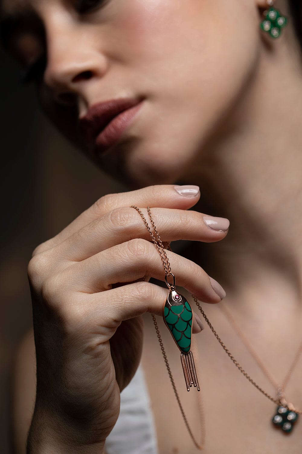 SELIM MOUZANNAR-Green and Ivory Enamel Fish Necklace-ROSE GOLD
