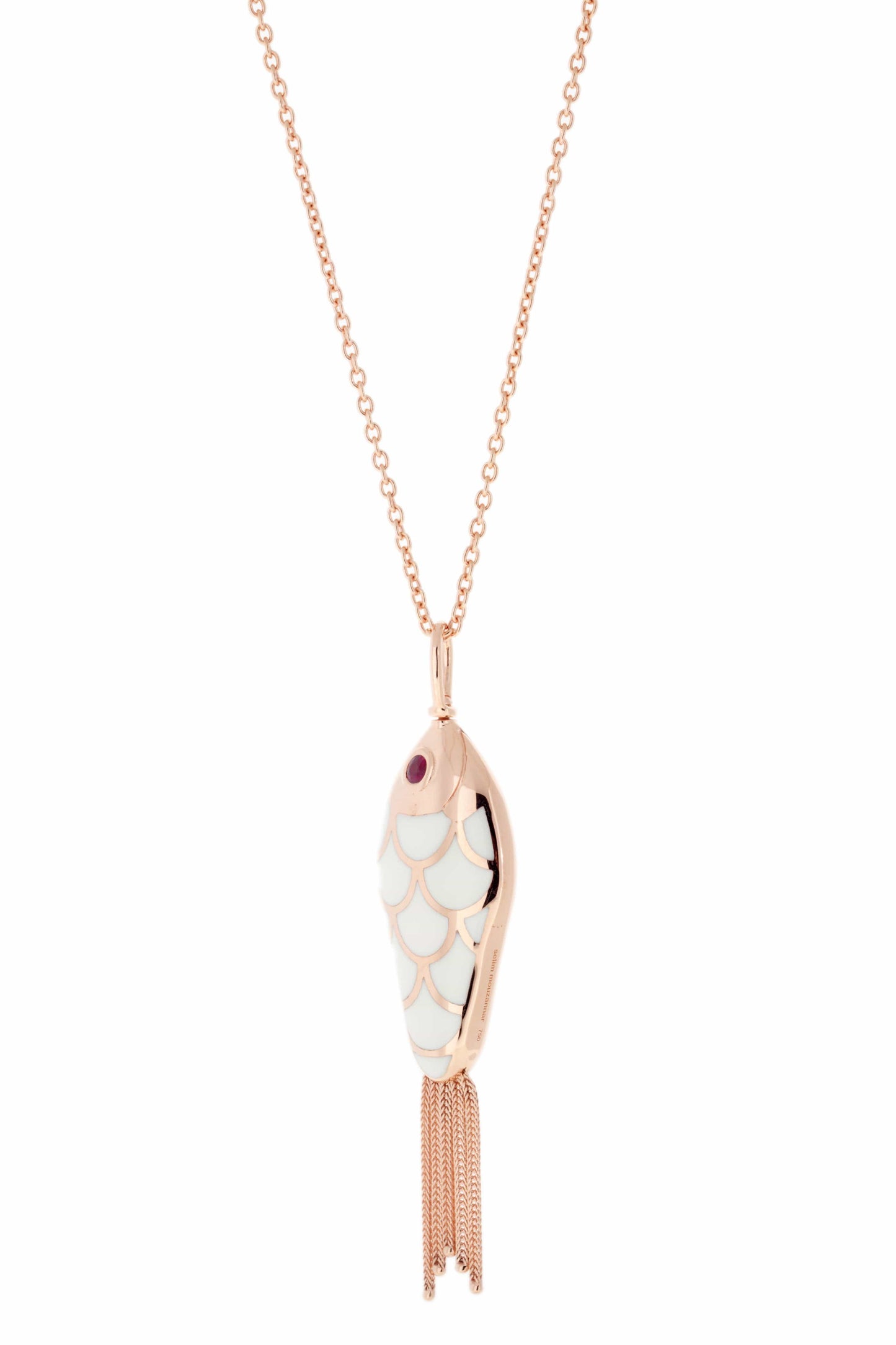 SELIM MOUZANNAR-Green and Ivory Enamel Fish Necklace-ROSE GOLD