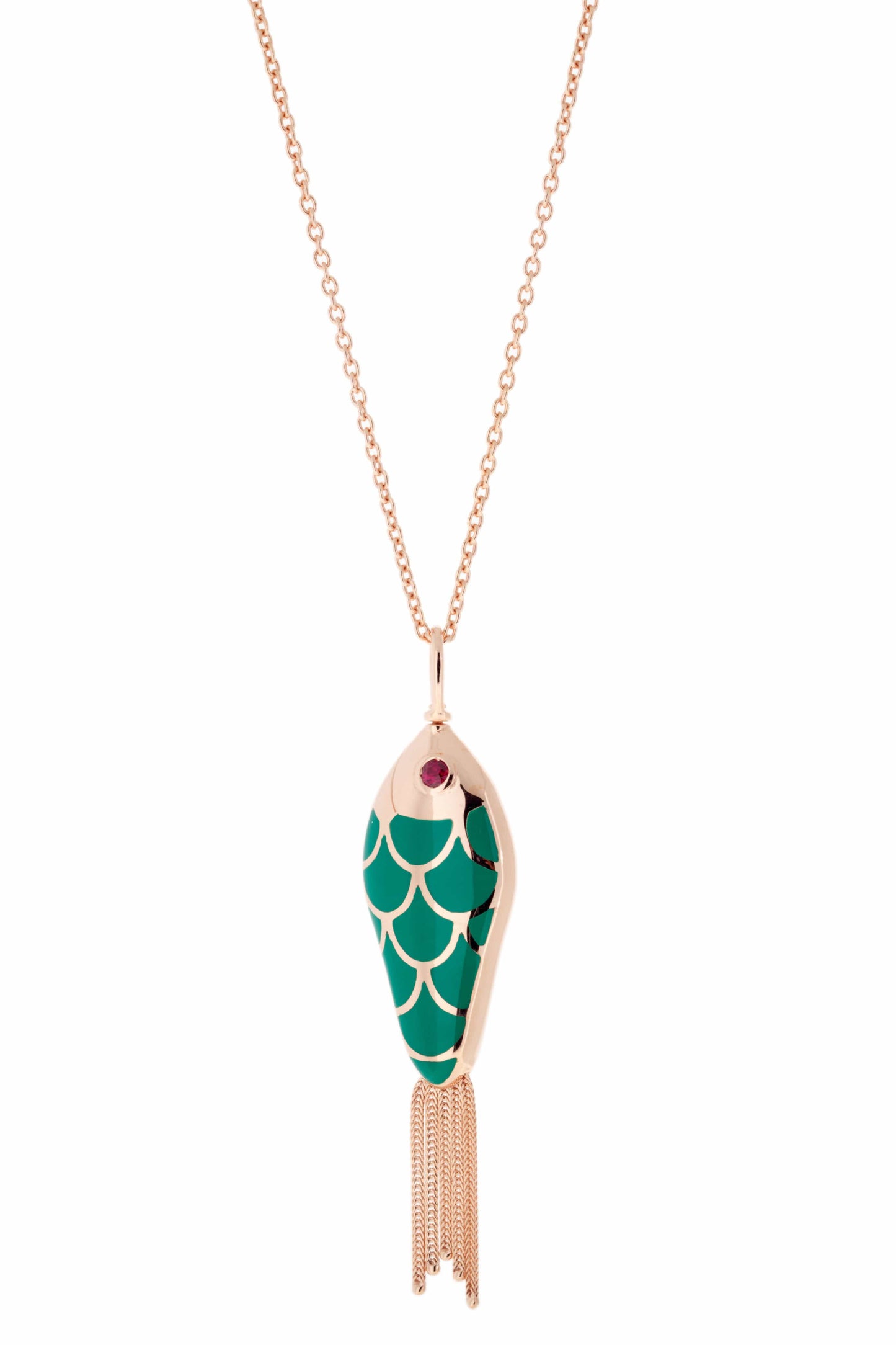 SELIM MOUZANNAR-Green and Ivory Enamel Fish Necklace-ROSE GOLD