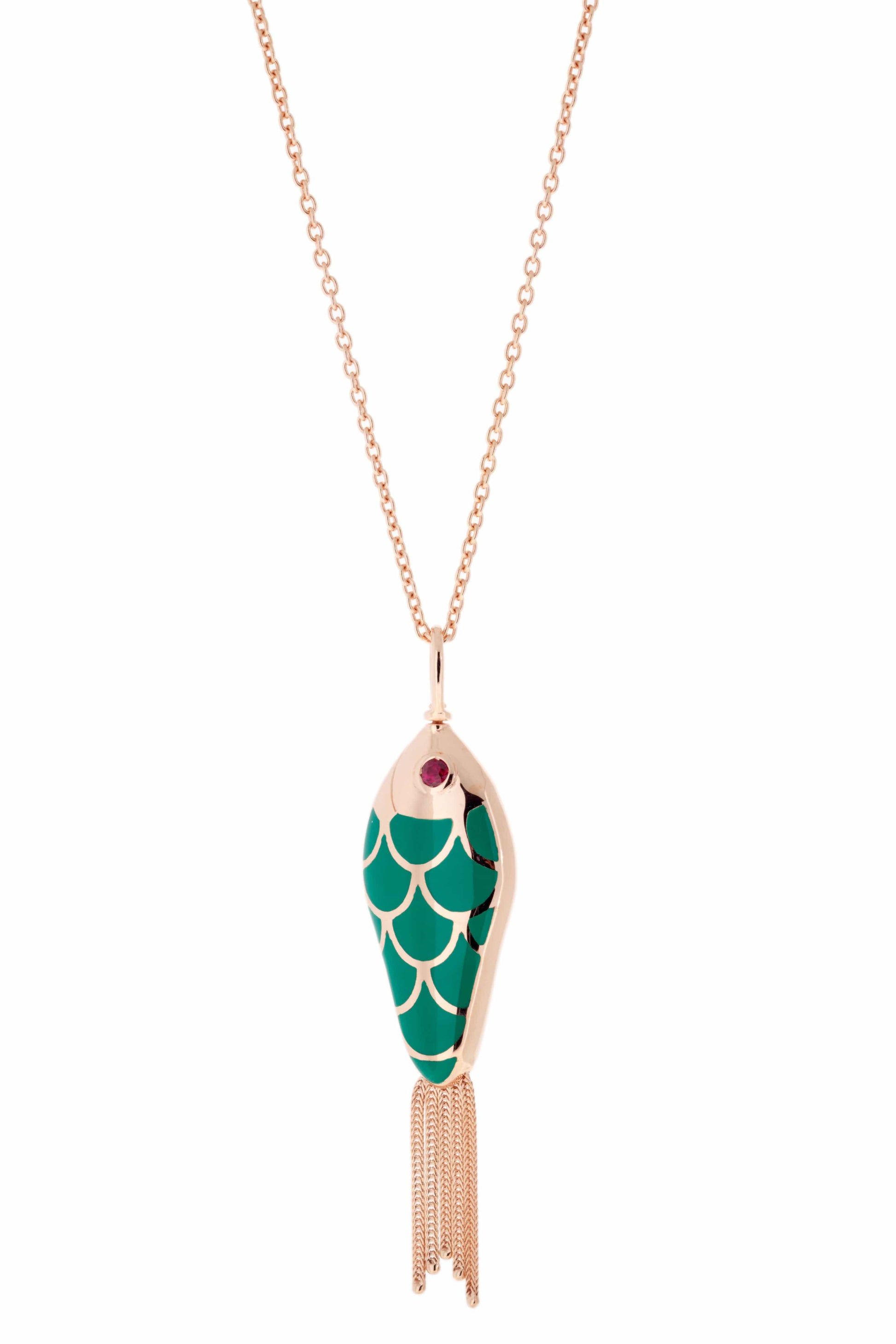 SELIM MOUZANNAR-Green and Ivory Enamel Fish Necklace-ROSE GOLD