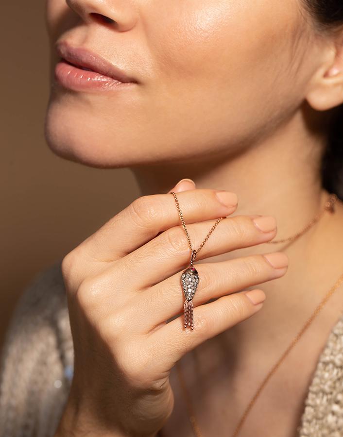 SELIM MOUZANNAR-Icy Diamond and White Enamel Fish Necklace-ROSE GOLD