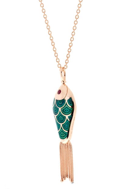 SELIM MOUZANNAR-Petrol Enamel Fish Pendant Necklace-ROSE GOLD