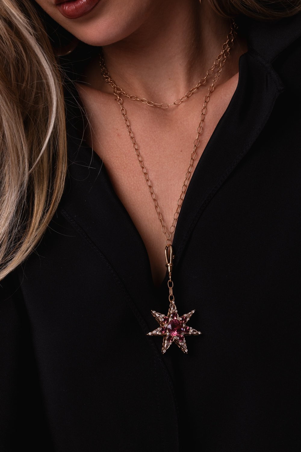 SELIM MOUZANNAR-Pink Tourmaline Diamond Star Pendant Necklace-ROSE GOLD
