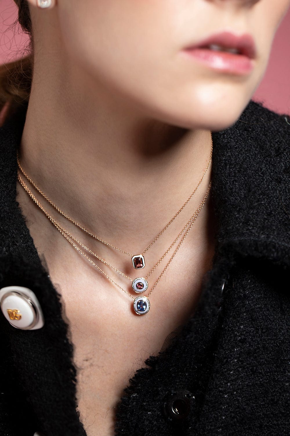 SELIM MOUZANNAR-White Enamel Pink Tourmaline Necklace-ROSE GOLD