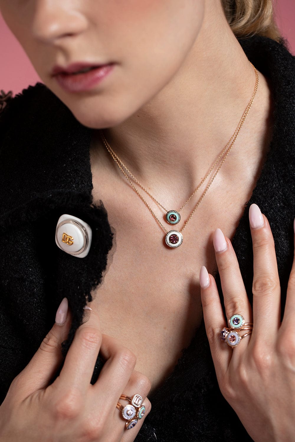 SELIM MOUZANNAR-White Enamel Pink Tourmaline Necklace-ROSE GOLD