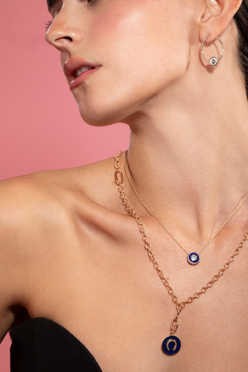 SELIM MOUZANNAR-Blue Enamel Diamond Horseshoe Pendant-ROSE GOLD