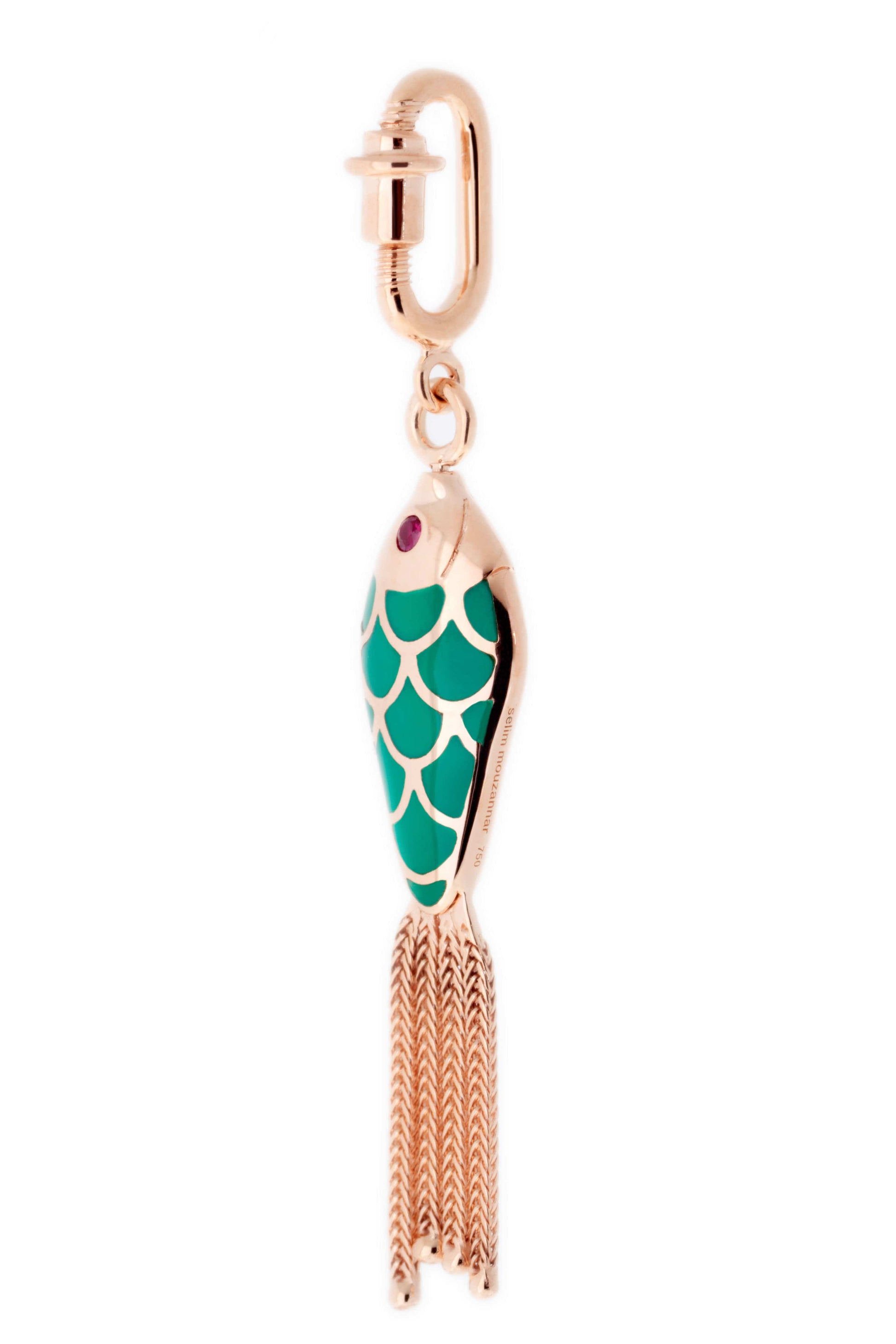 SELIM MOUZANNAR-Green and Ivory Enamel Fish Charm-ROSE GOLD
