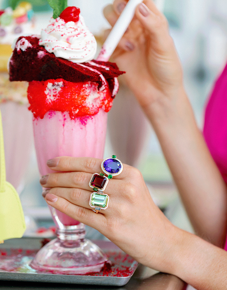 SELIM MOUZANNAR-Rhodolite, Tourmaline, and White Enamel Ring-ROSE GOLD