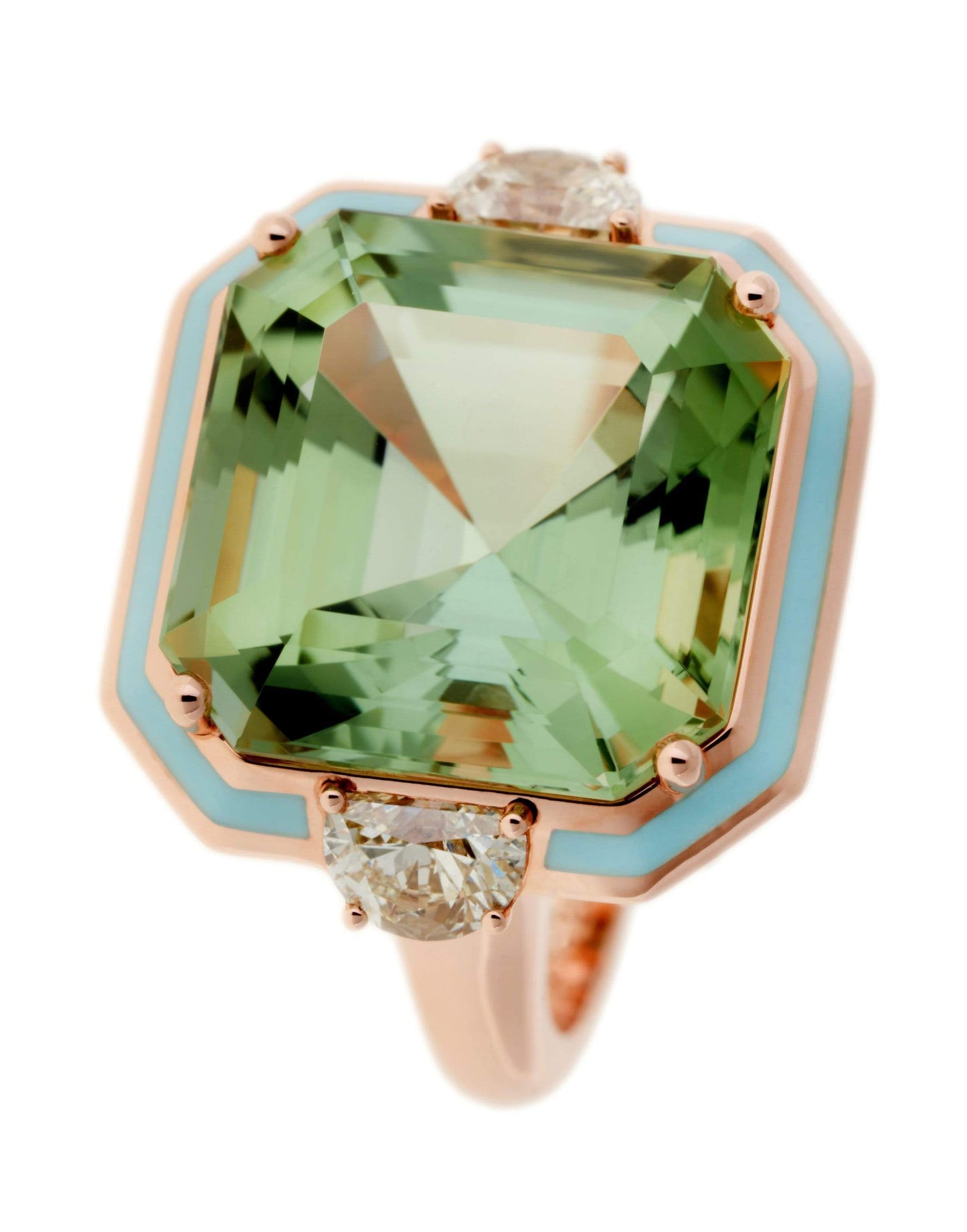 SELIM MOUZANNAR-Green Tourmaline and Light Blue Enamel Ring-ROSE GOLD