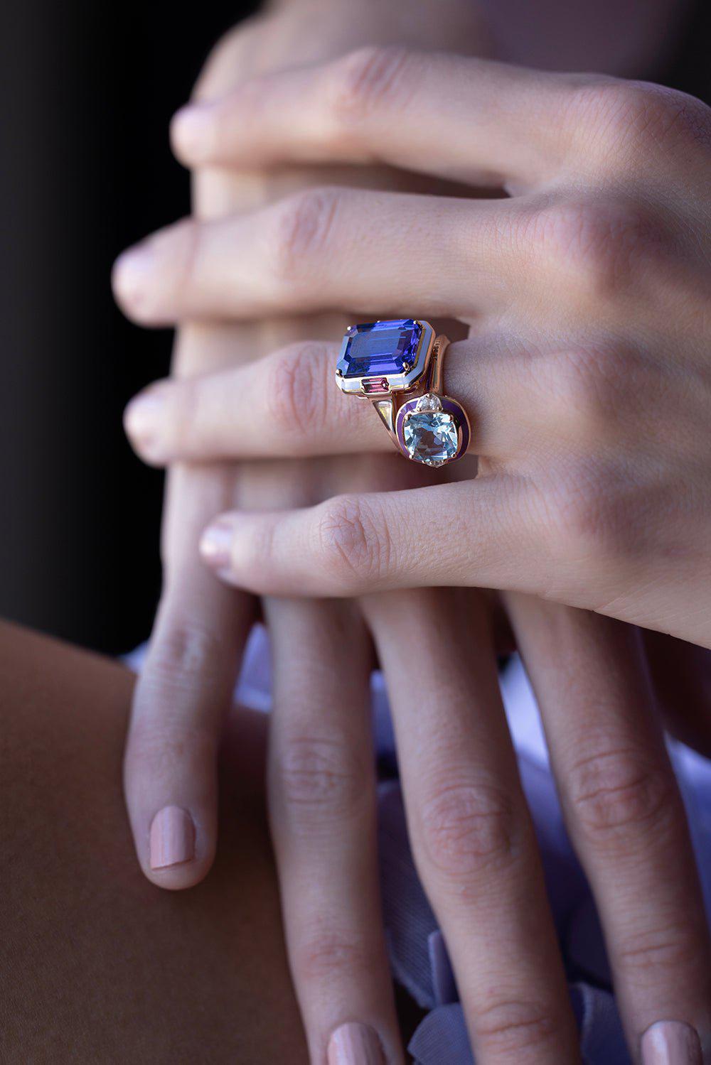 SELIM MOUZANNAR-Aquamarine Enamel Ring-ROSE GOLD