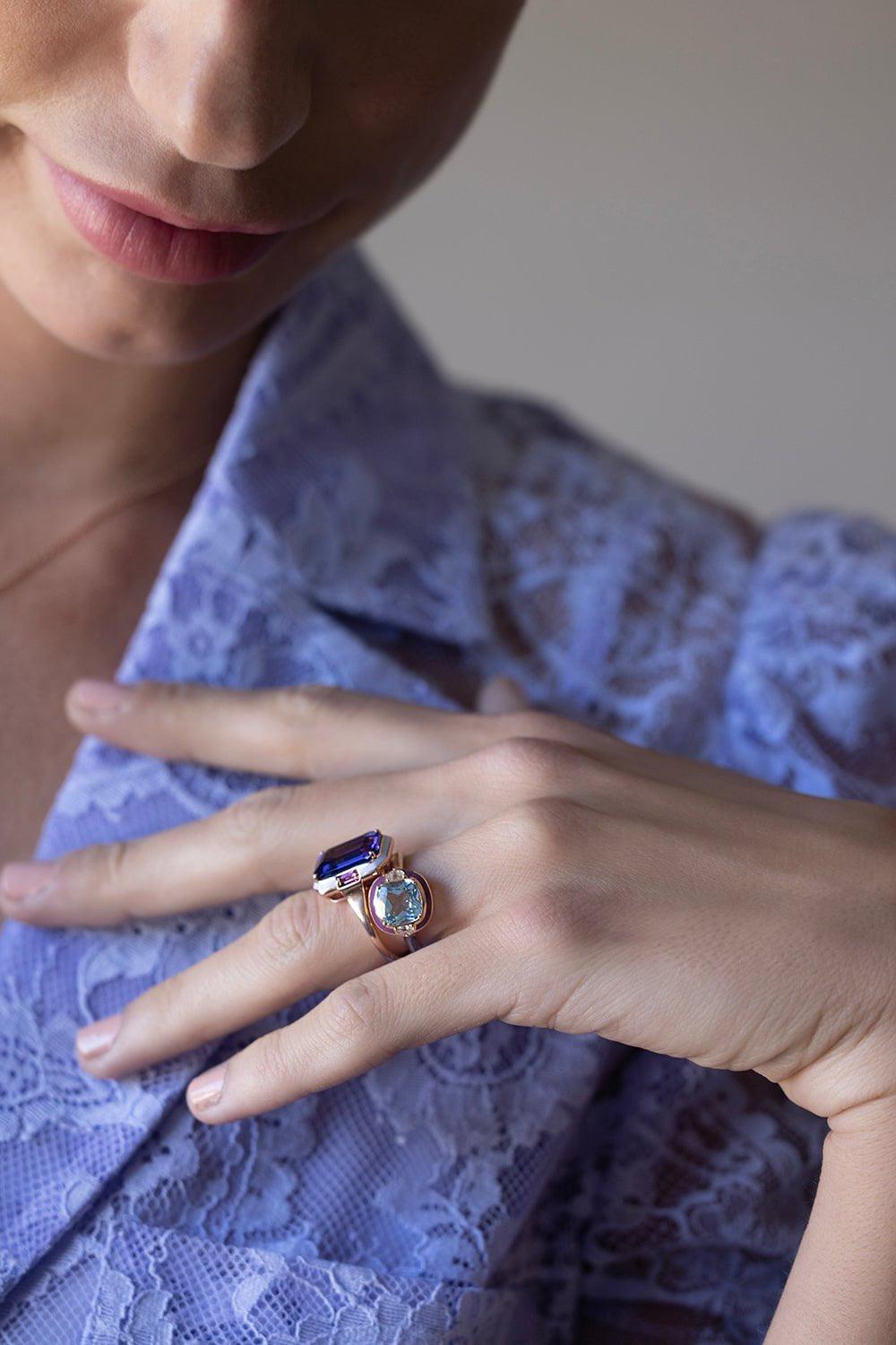 SELIM MOUZANNAR-Aquamarine Enamel Ring-ROSE GOLD