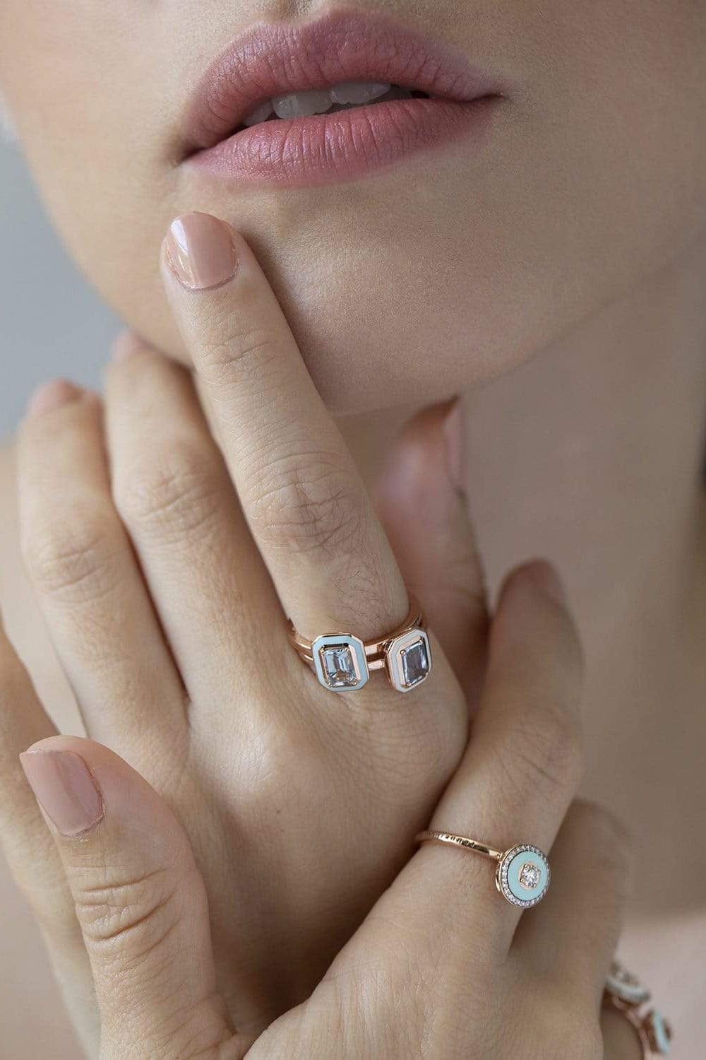 SELIM MOUZANNAR-White Enamel and Aquamarine Ring-ROSE GOLD