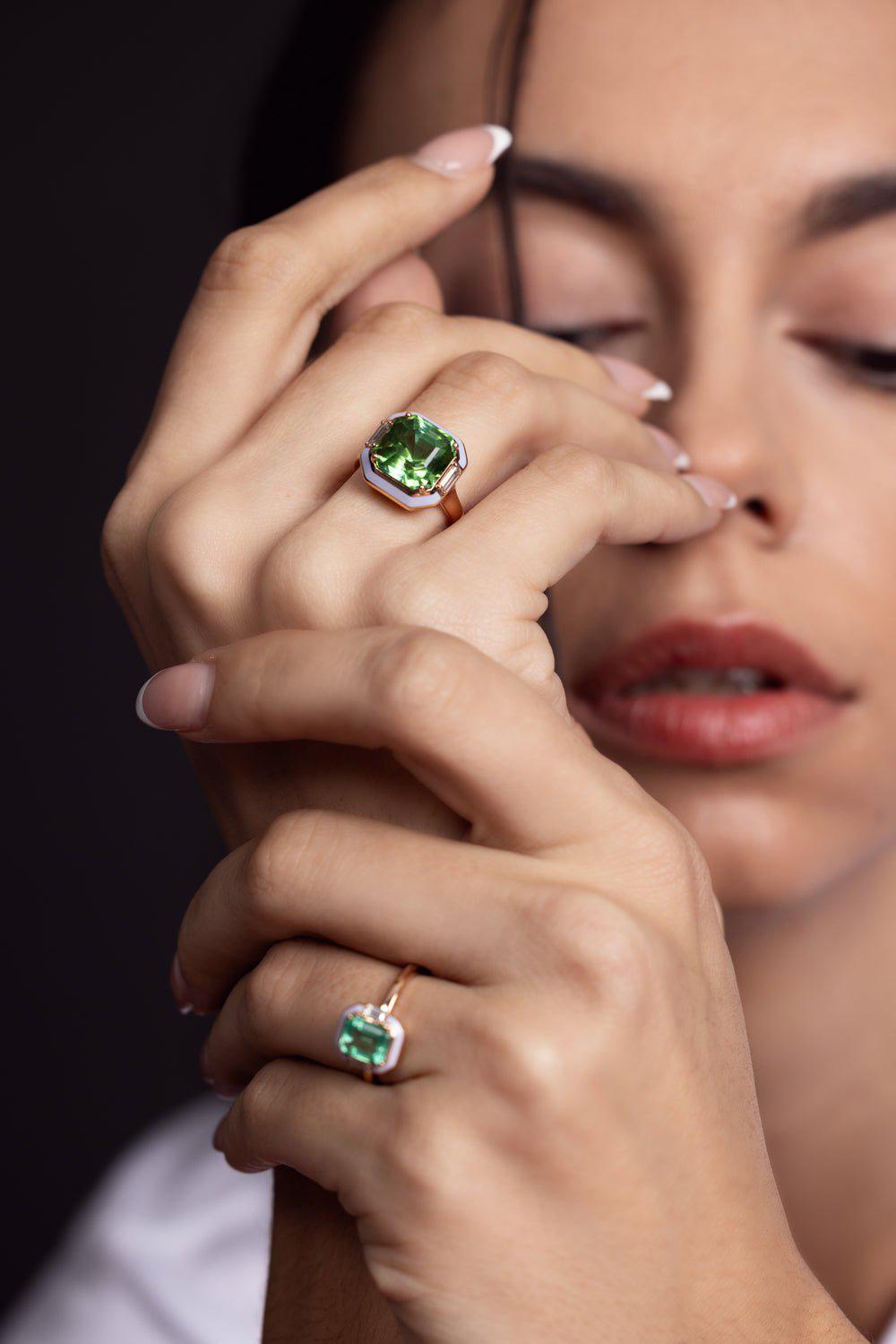 SELIM MOUZANNAR-Lilac Enamel Green Tourmaline Ring-ROSE GOLD