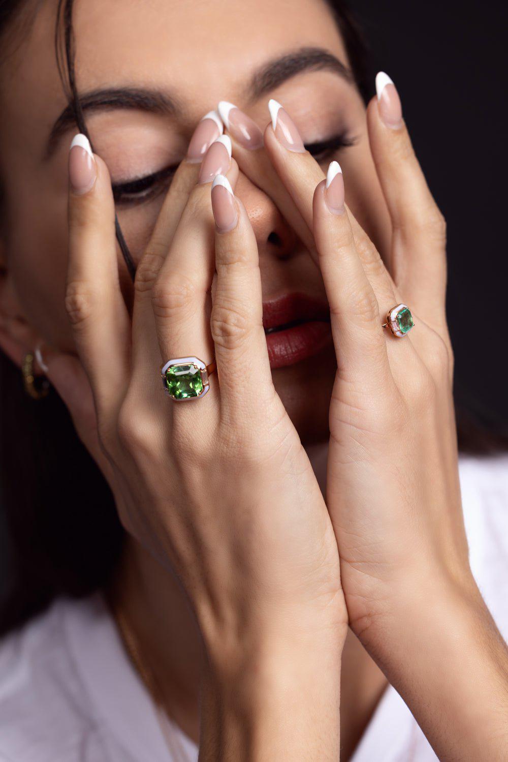 SELIM MOUZANNAR-Lilac Enamel Green Tourmaline Ring-ROSE GOLD