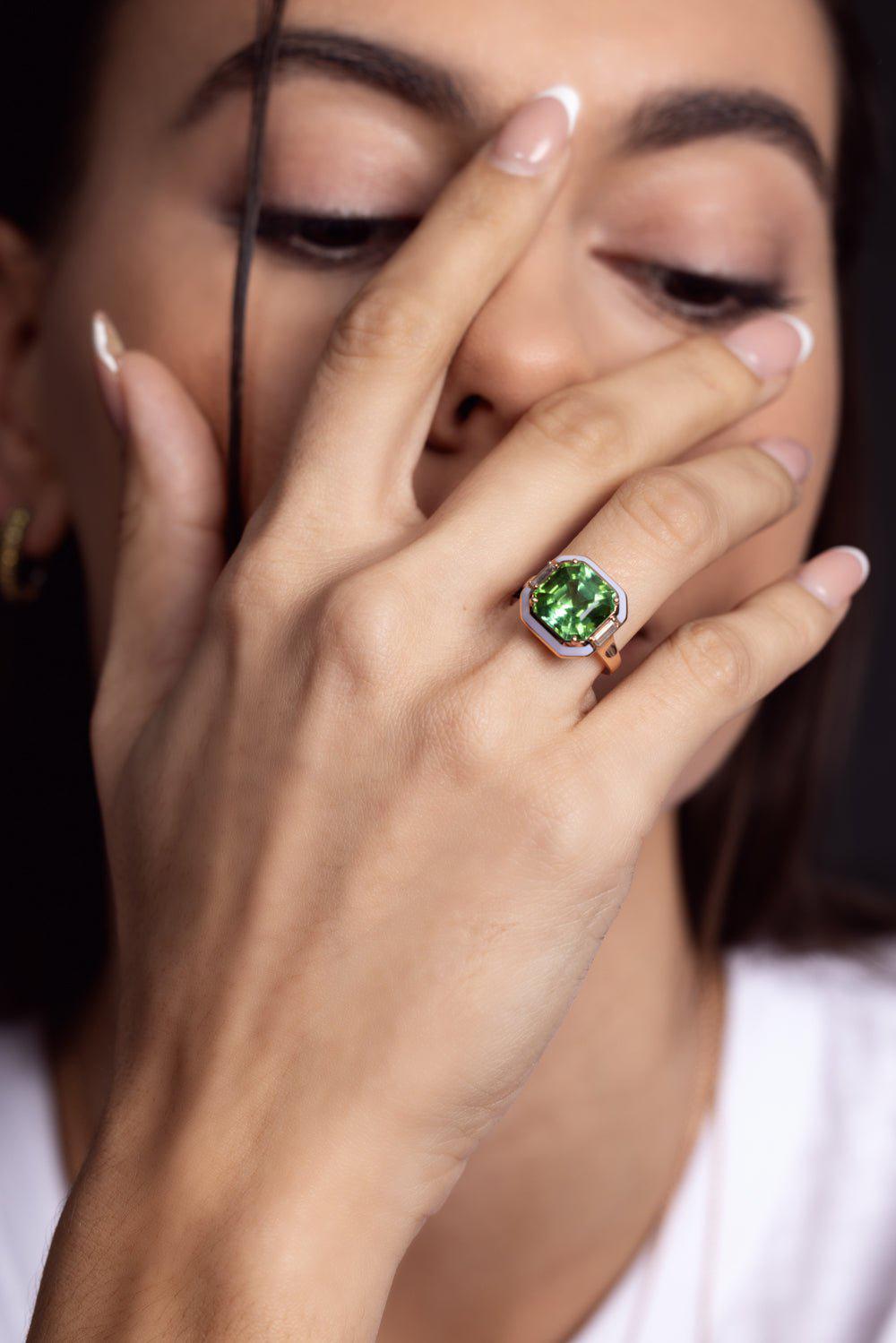 SELIM MOUZANNAR-Lilac Enamel Green Tourmaline Ring-ROSE GOLD
