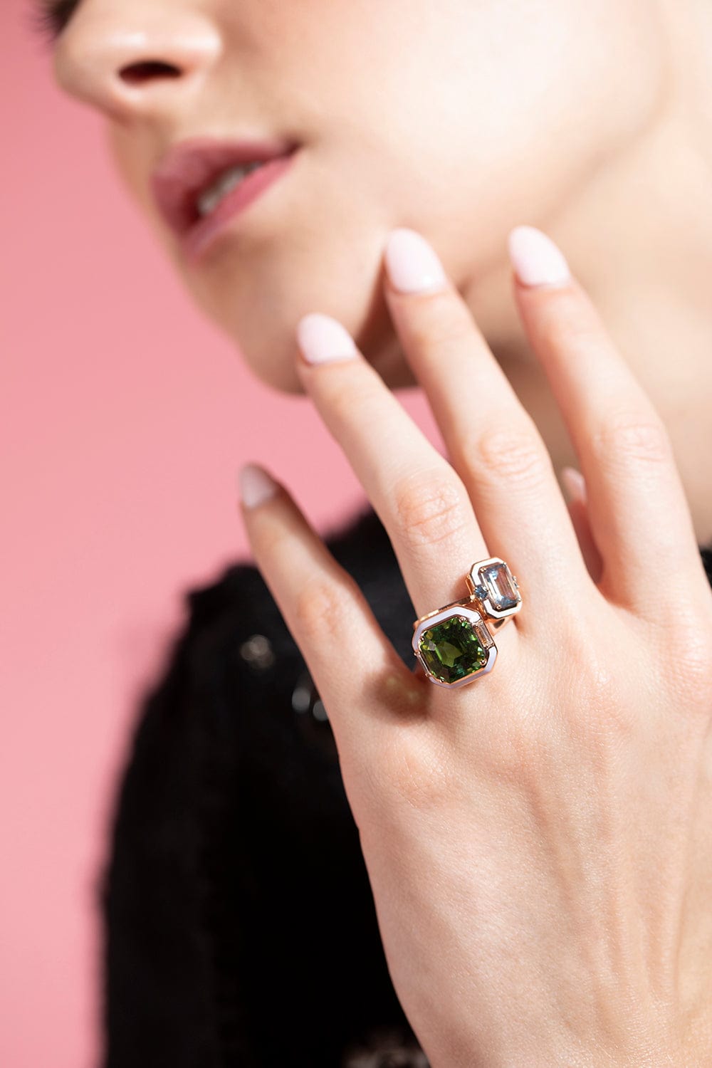 SELIM MOUZANNAR-Lilac Enamel Green Tourmaline Ring-ROSE GOLD