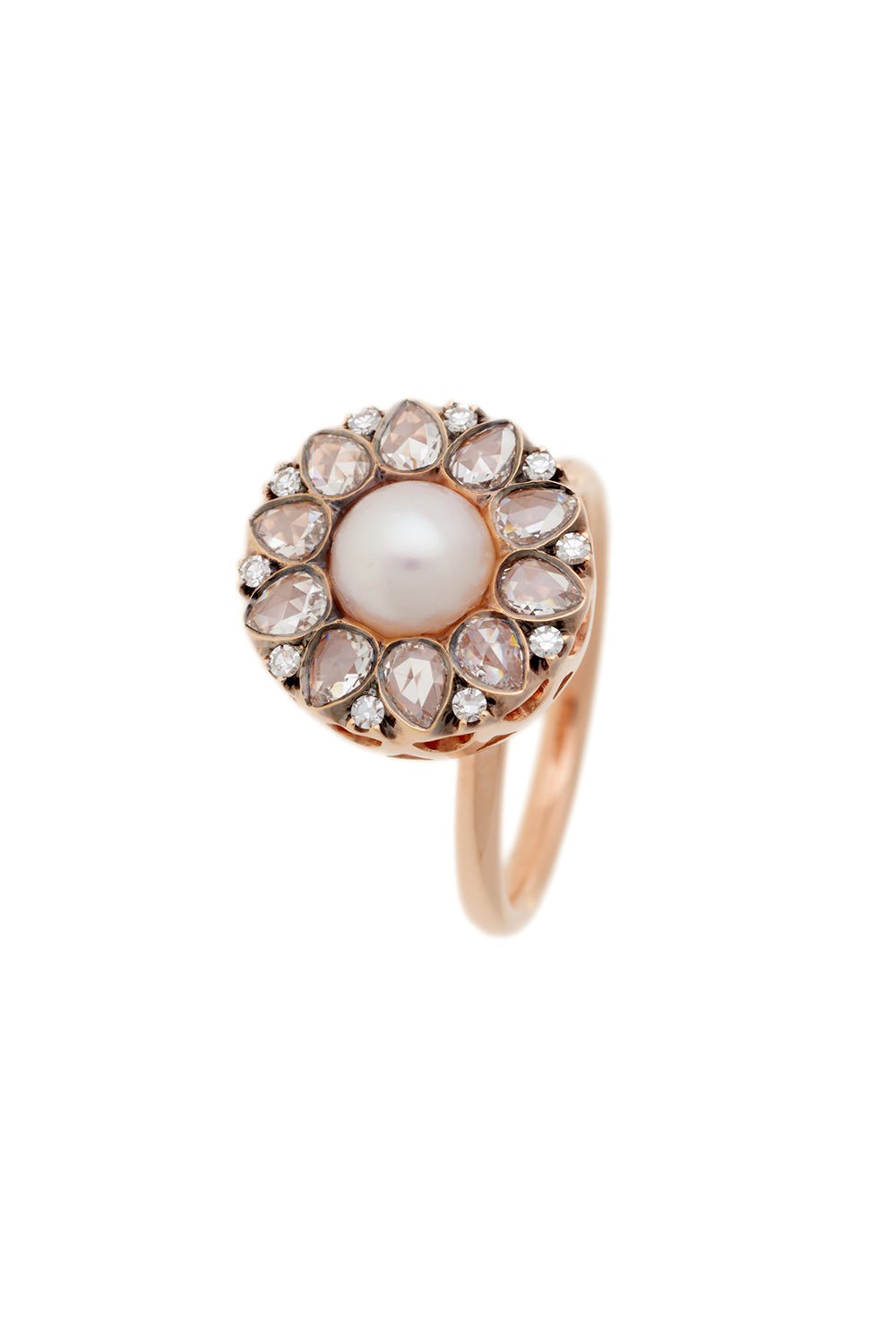 SELIM MOUZANNAR-Pearl Diamond Flower Ring-ROSE GOLD