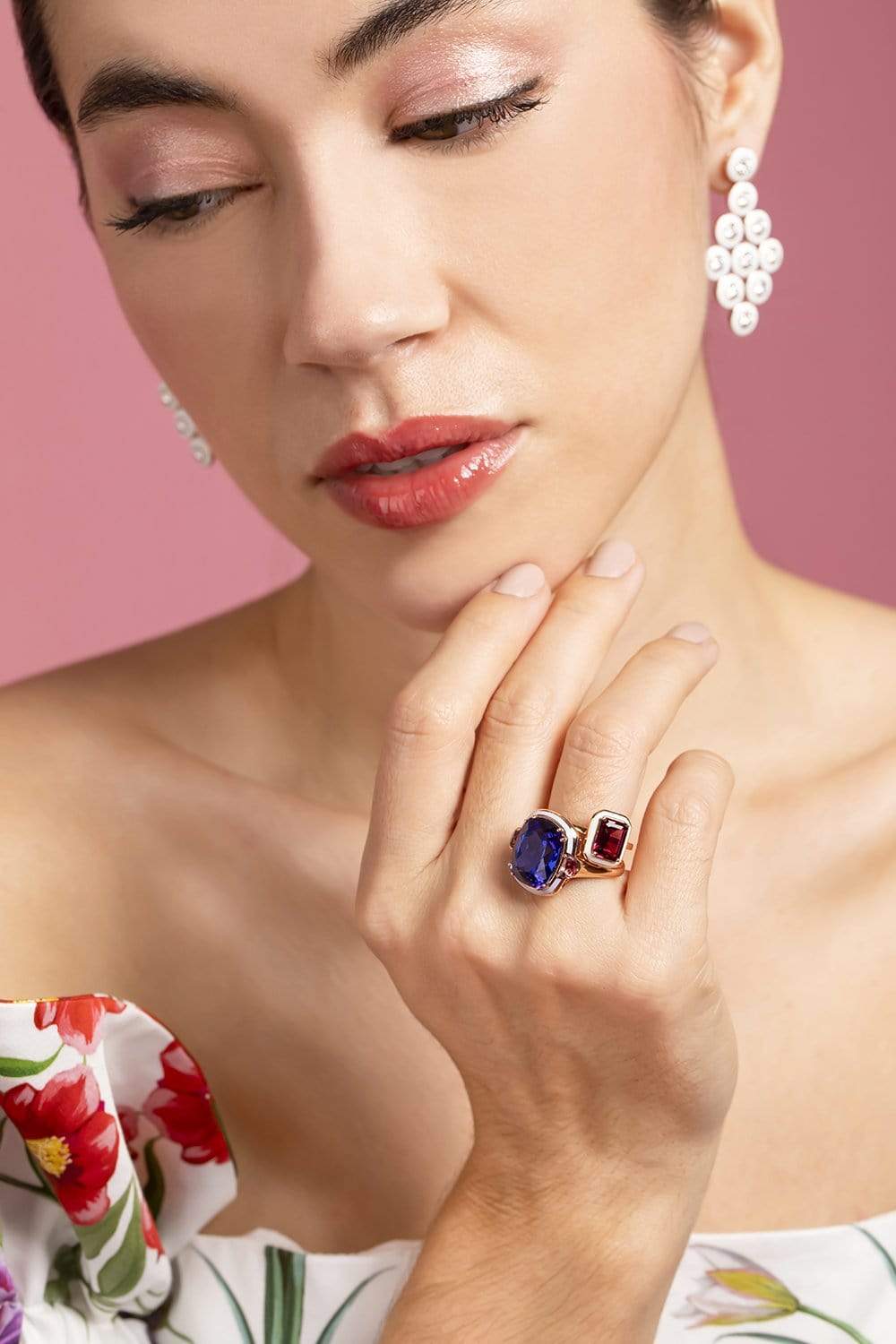 SELIM MOUZANNAR-Rhodolite Garnet and Ivory Enamel Ring-ROSE GOLD
