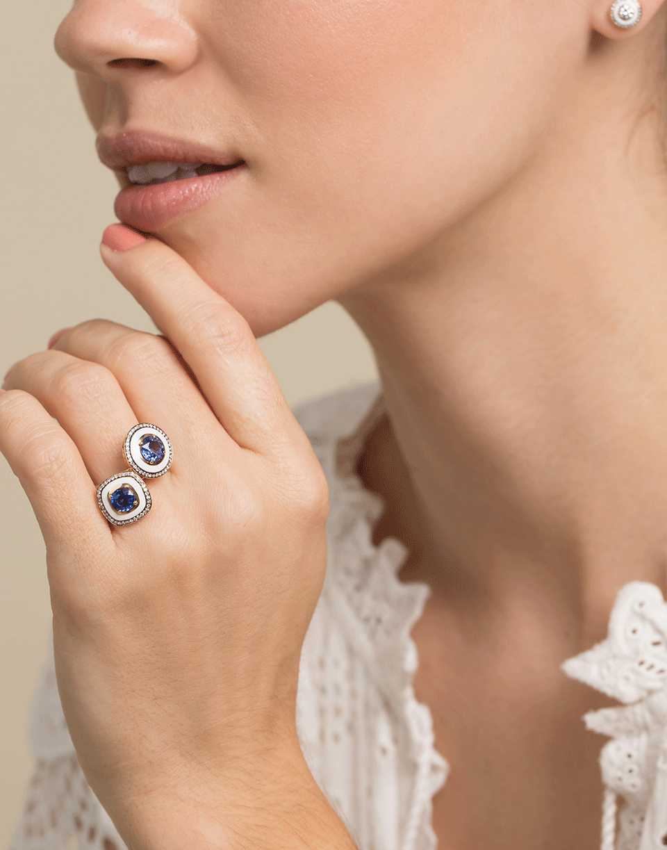 SELIM MOUZANNAR-Blue Sapphire and Diamond White Enamel Ring-ROSE GOLD