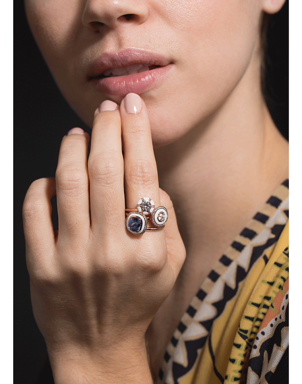 SELIM MOUZANNAR-Blue Sapphire and Diamond White Enamel Ring-ROSE GOLD